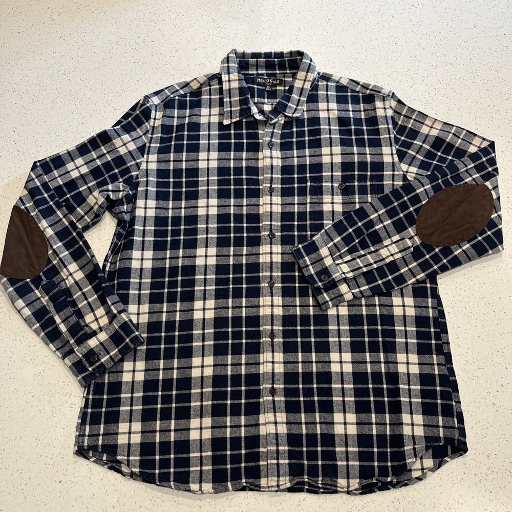 J.Crew Mercantile Flex Plaid Flannel Shirt Men Sz XL Blue Elbow Patches
